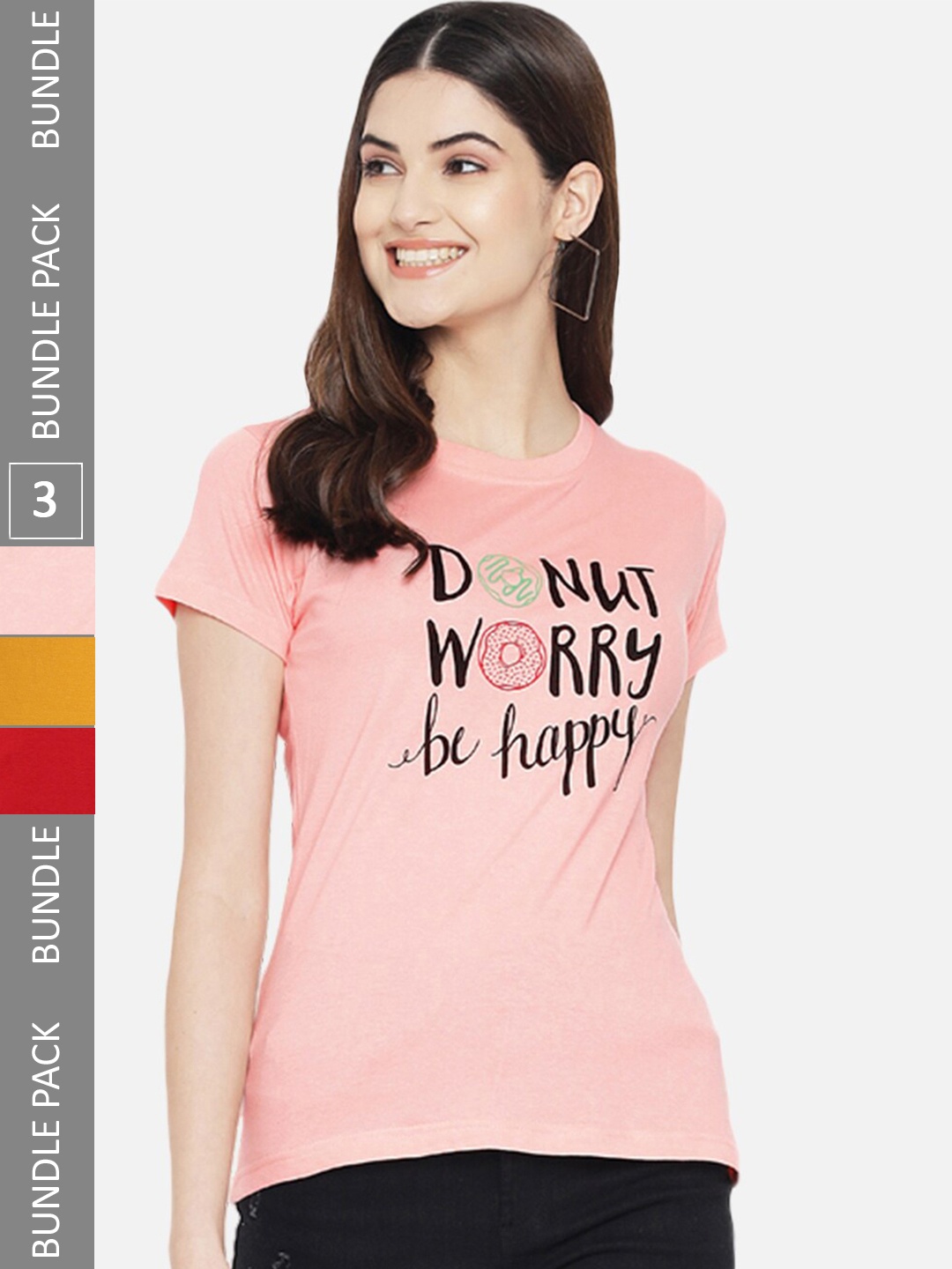 

Fabflee Pack of 3 Typography Printed Cotton T-shirts, Pink