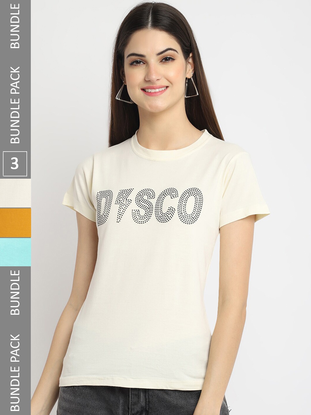 Fabflee Pack Of 3 Typography Printed Cotton T-shirt, Off white