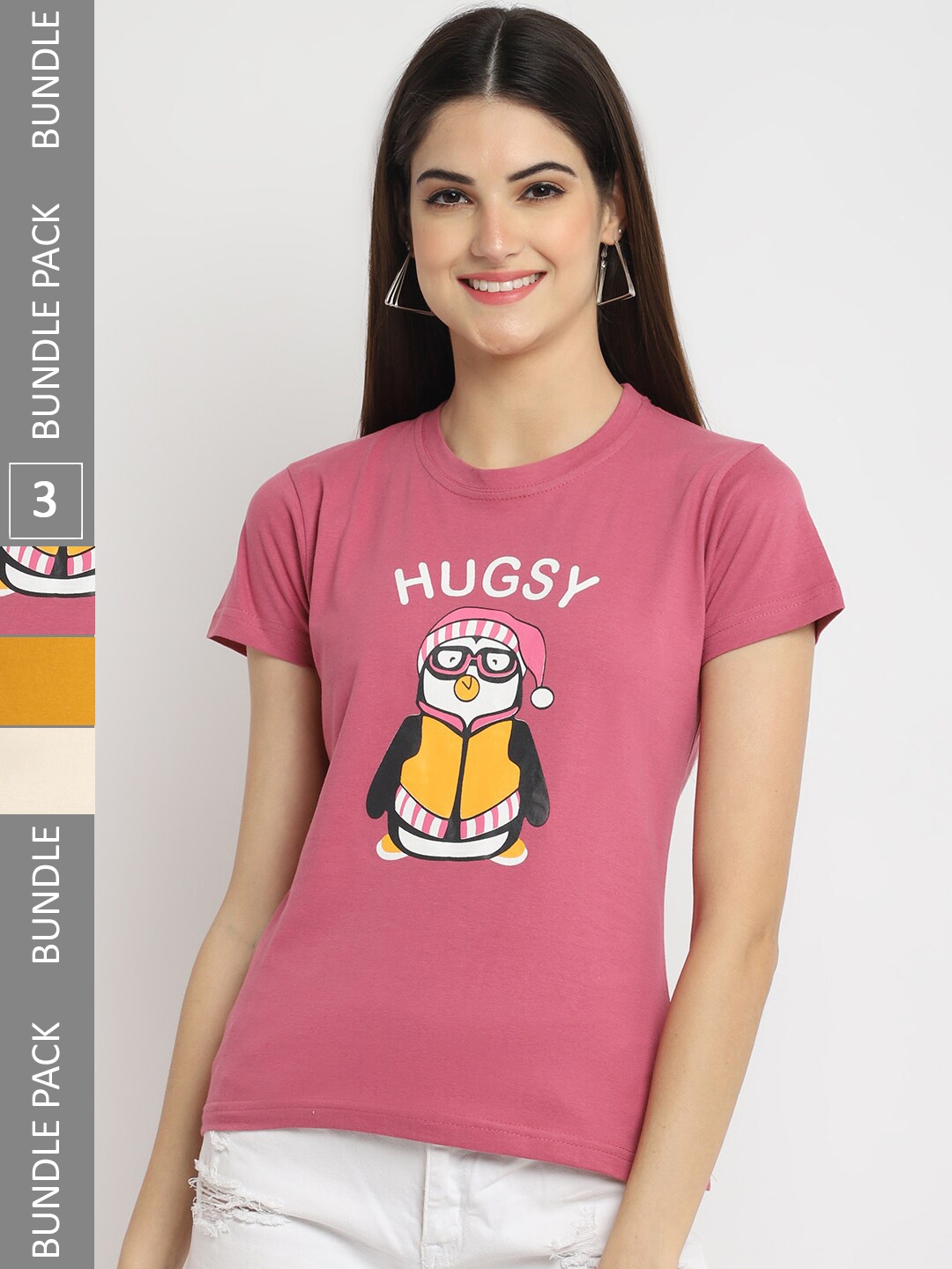 

Fabflee Pack Of 3 Printed Cotton T-shirt, Pink
