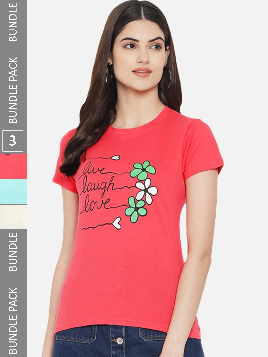 Fabflee Pack Of 3 Printed Cotton T-shirts, Coral