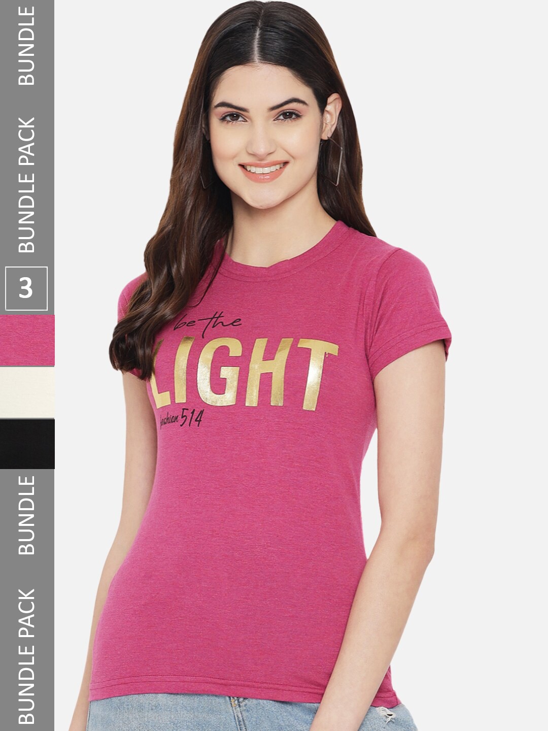 

Fabflee Pack Of 3 Typography Printed Cotton T-shirt, Pink