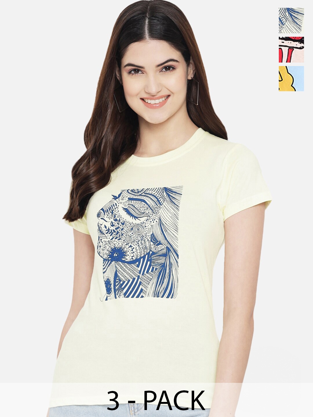 

Fabflee Pack Of 3 Printed Cotton T-shirt, Cream