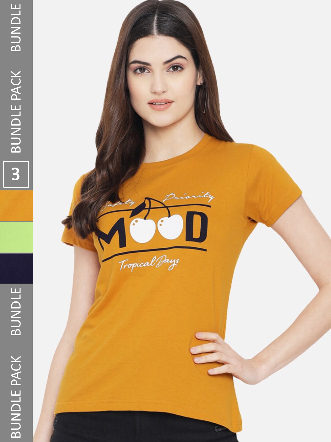 

Fabflee Pack Of 3 Printed Cotton T-shirt, Mustard