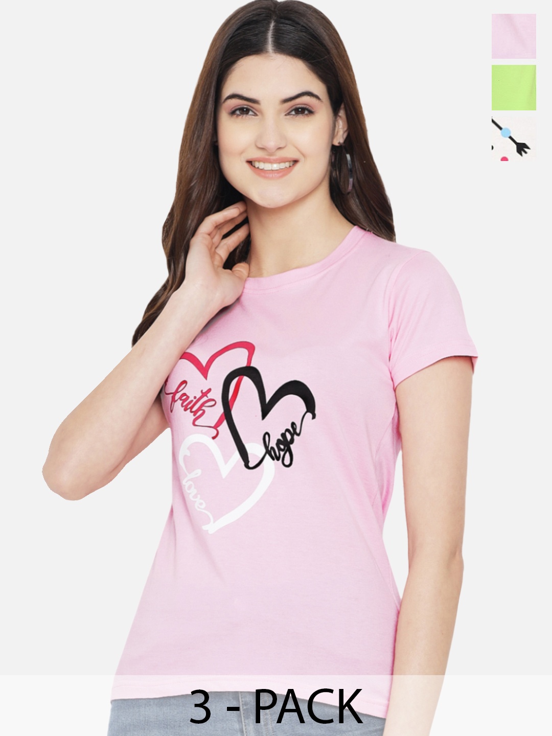 

Fabflee Pack Of 3 Typography Printed Cotton T-shirt, Pink