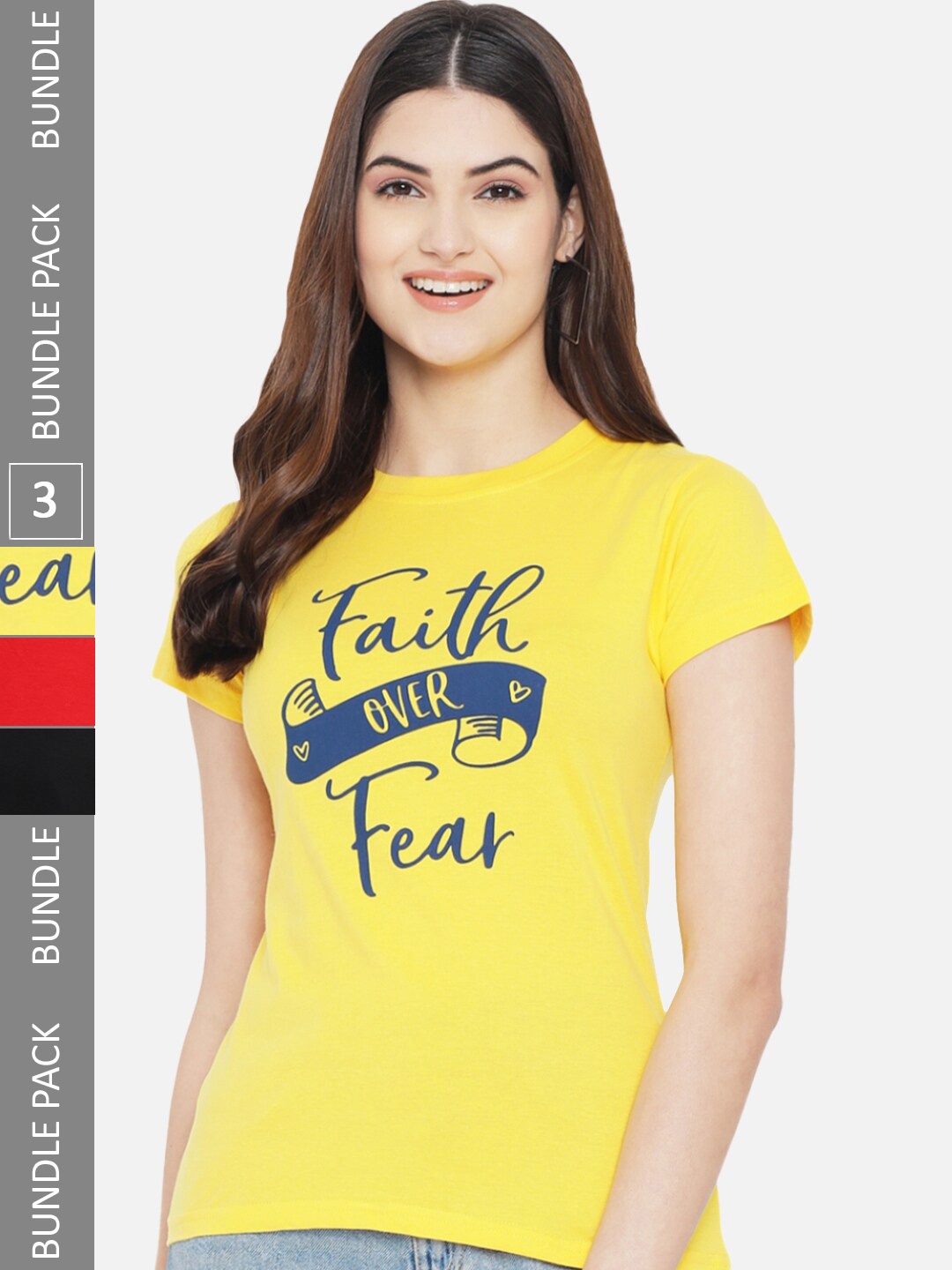 

Fabflee Pack Of 3 Typography Printed Cotton T-shirt, Yellow