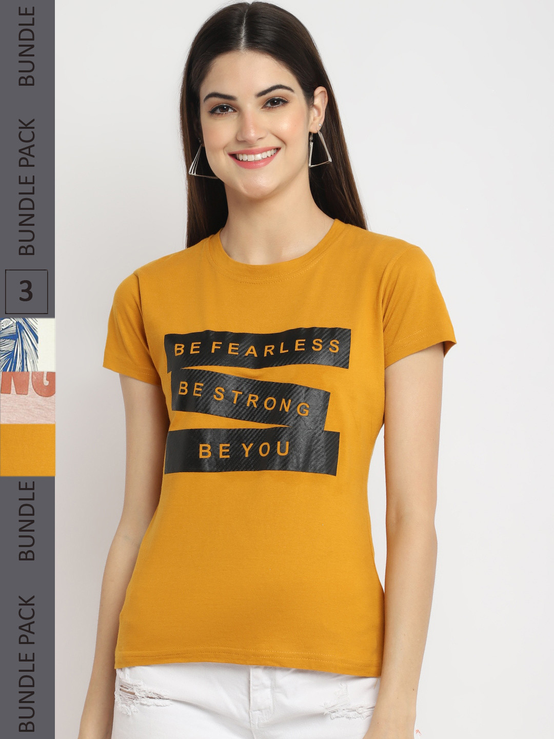 

Fabflee Pack Of 3 Typography Printed Cotton T-shirt, Mustard