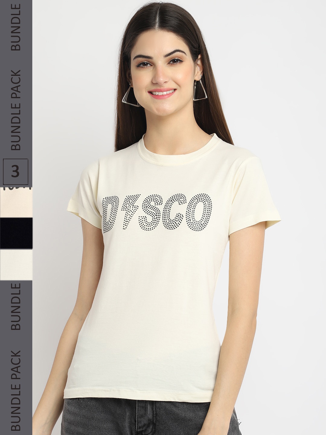 

Fabflee Pack Of 3 Typography Printed Cotton T-shirt, Off white