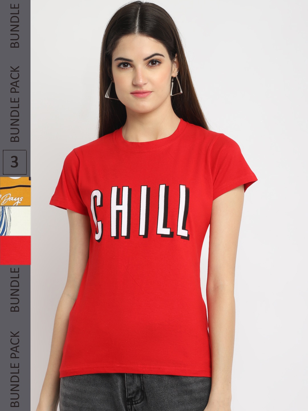 

Fabflee Pack Of 3 Typography Printed Cotton T-shirt, Red