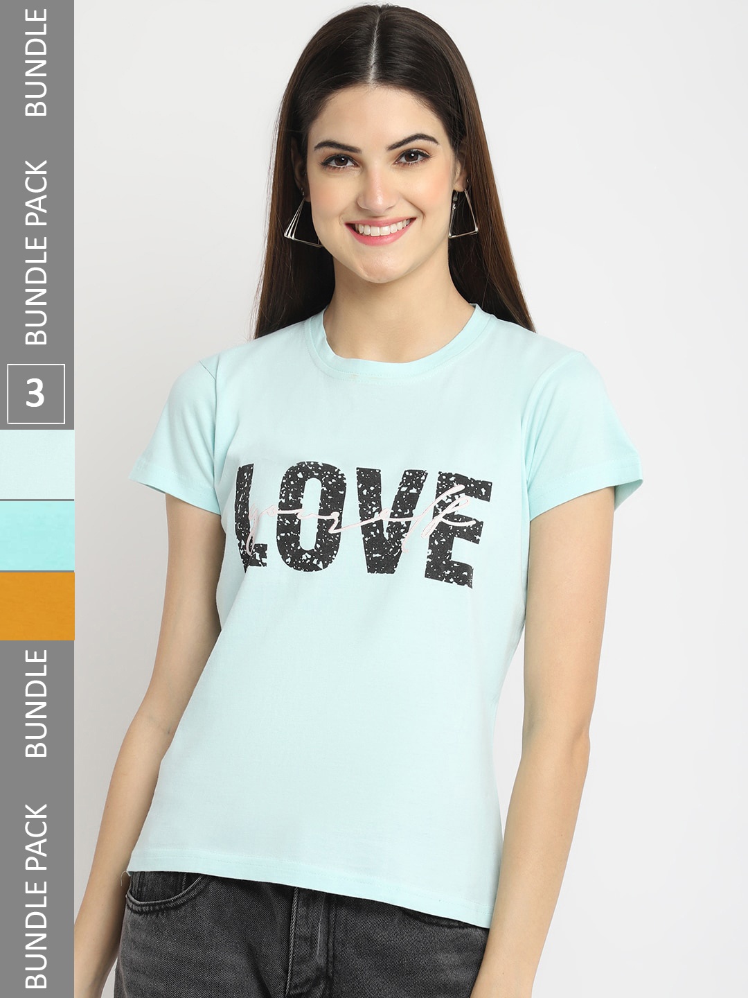 

Fabflee Pack Of 3 Typography Printed Cotton T-shirt, Blue
