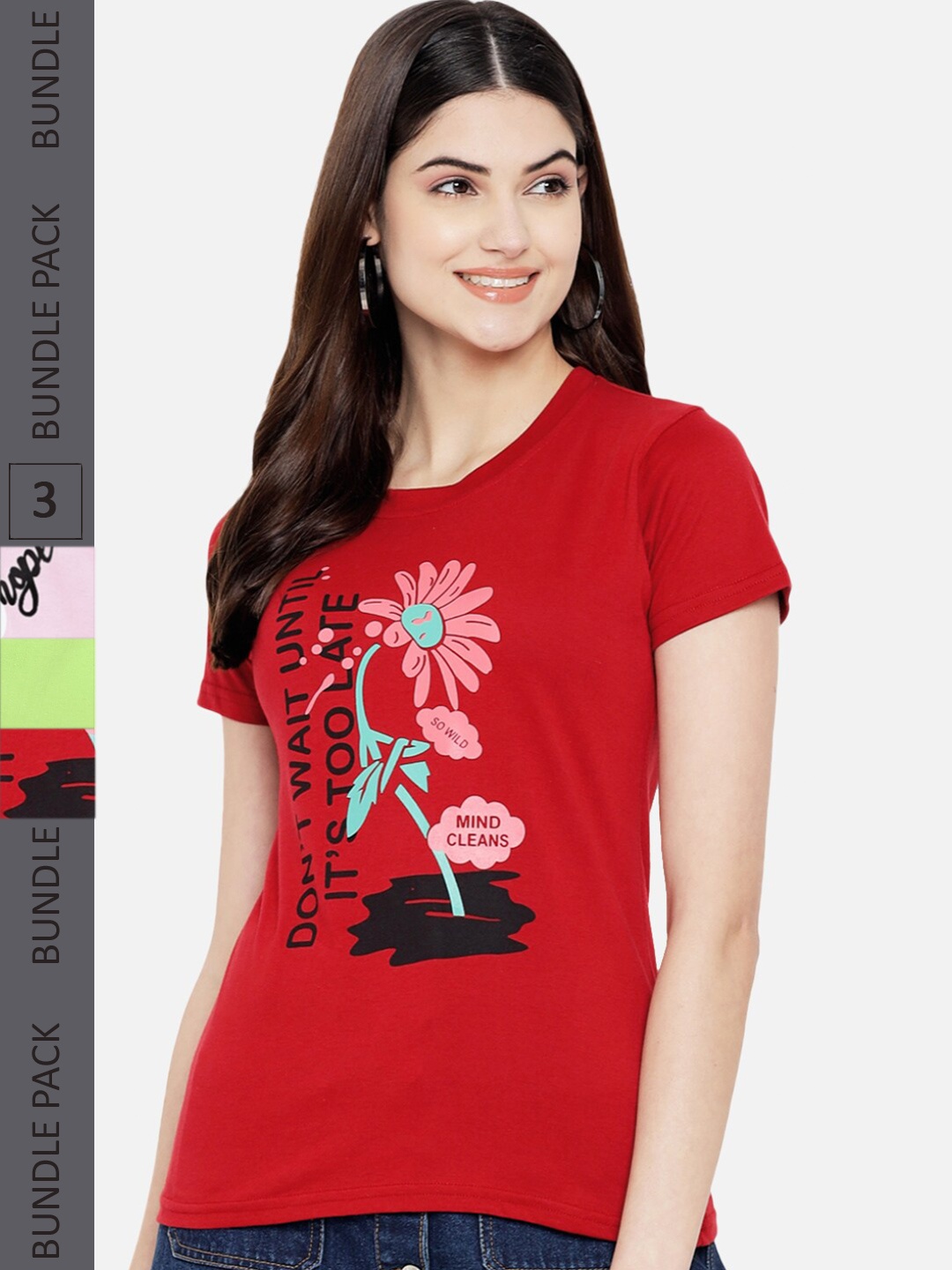 

Fabflee Pack of 3 Printed Cotton T-shirts, Red