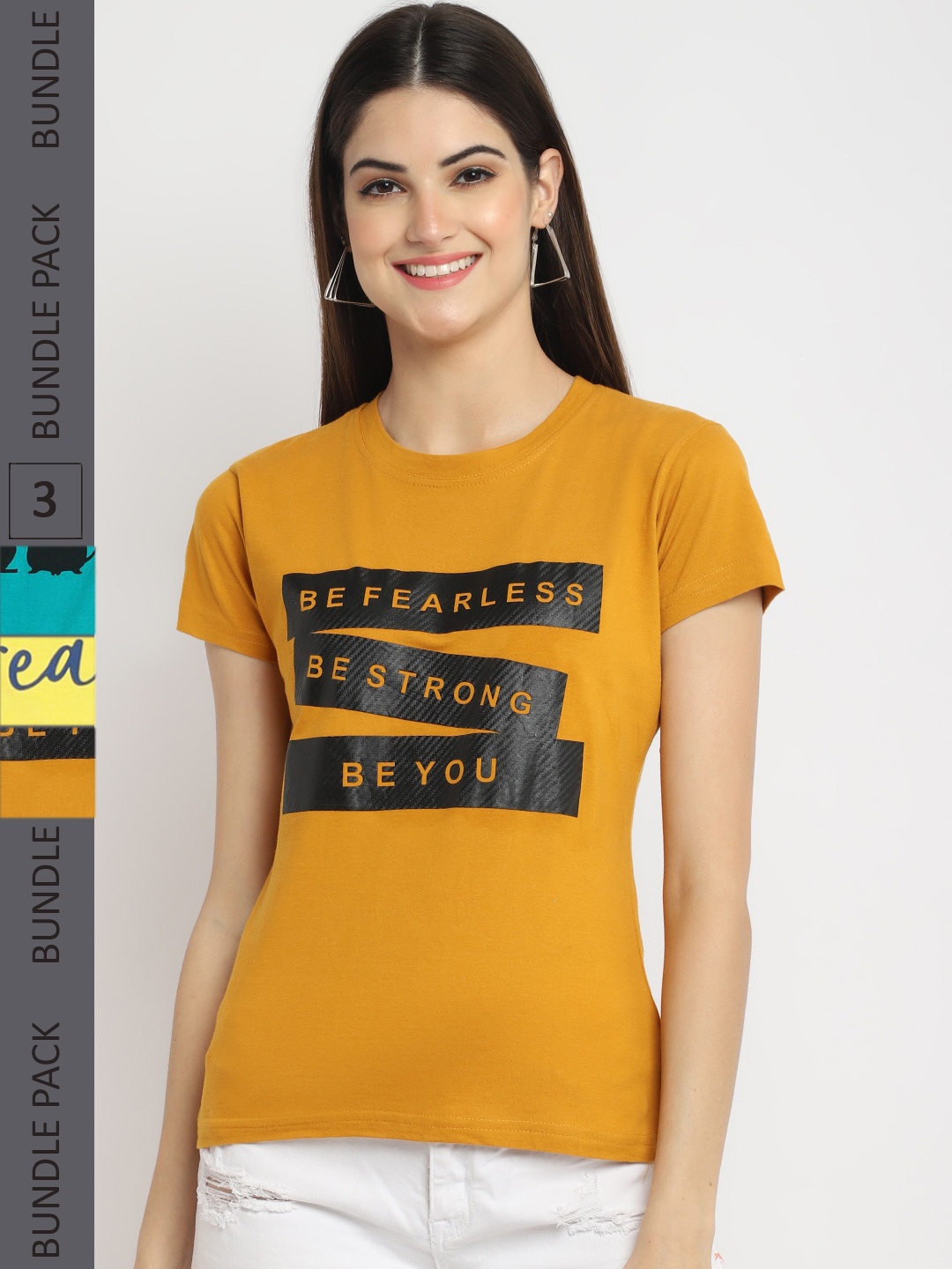 

Fabflee Pack Of 3 Typography Printed Cotton T-Shirt, Mustard