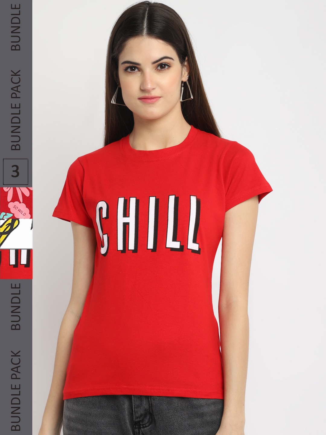 

Fabflee Pack Of 3 Typography Printed Cotton T-shirt, Red