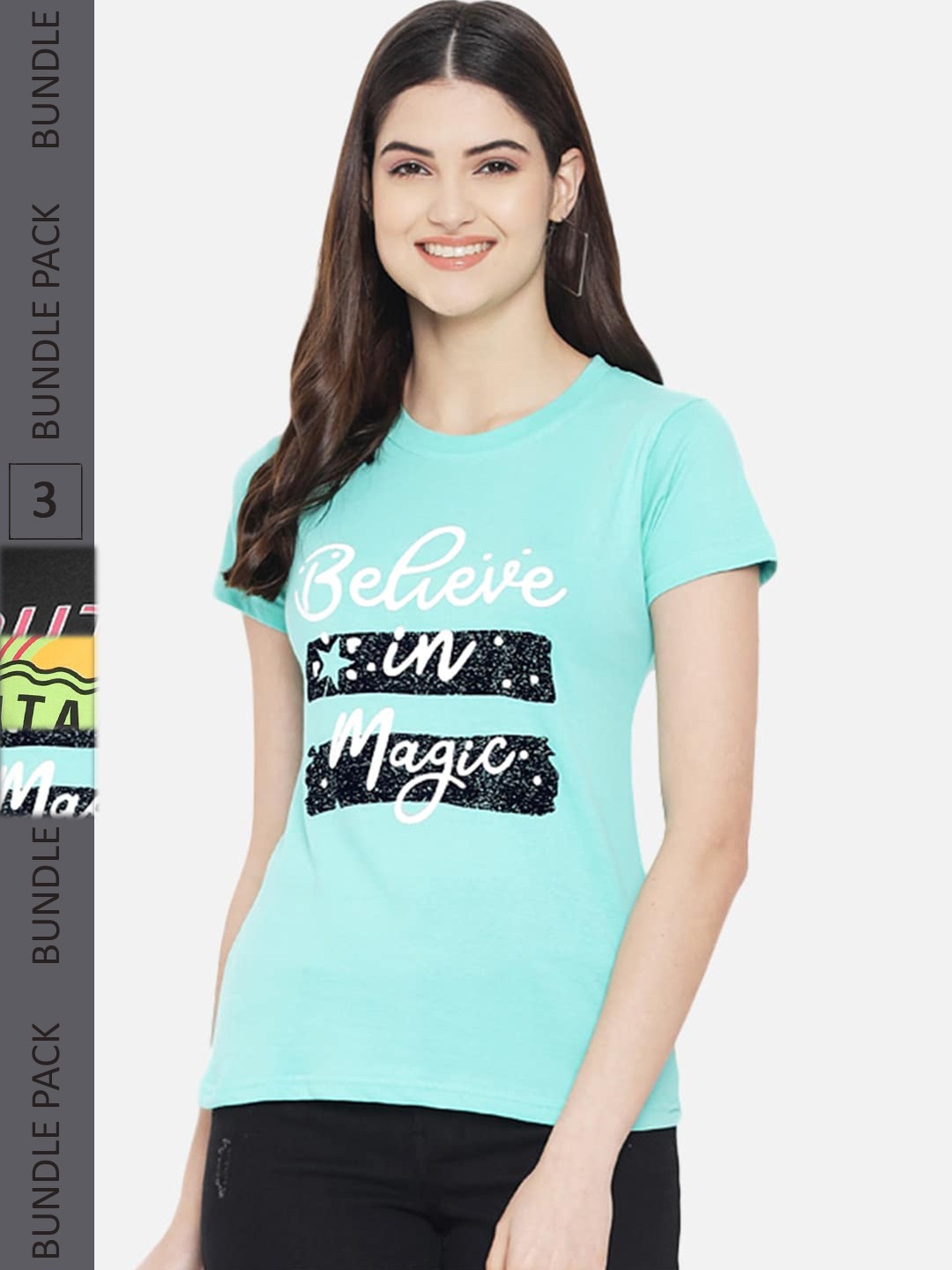 

Fabflee Pack Of 3 Typography Printed Cotton Casual T-shirt, Turquoise blue