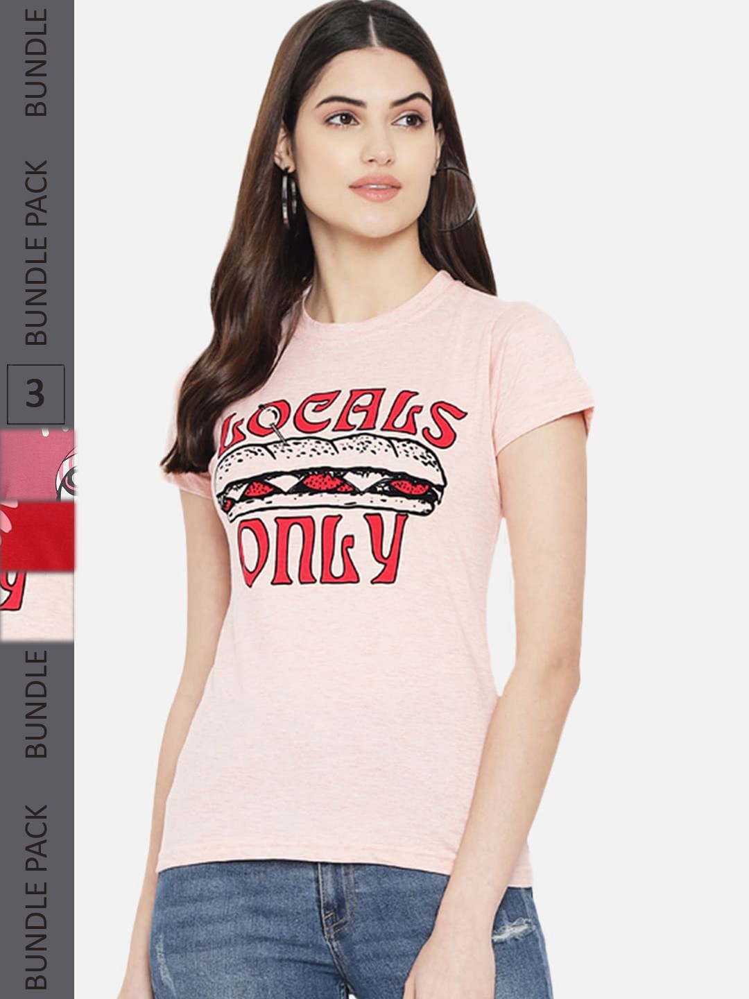 

Fabflee Pack Of 3 Graphic Printed Cotton T-shirts, Pink