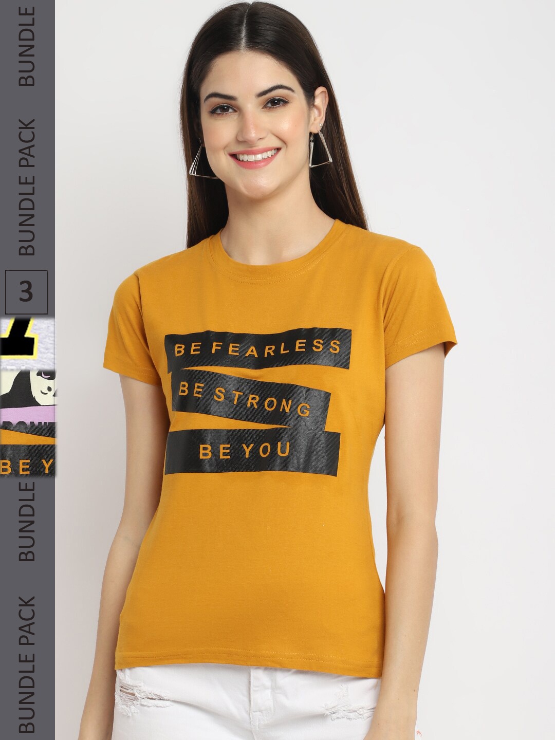 

Fabflee Pack Of 3 Typography Printed Cotton T-shirt, Mustard