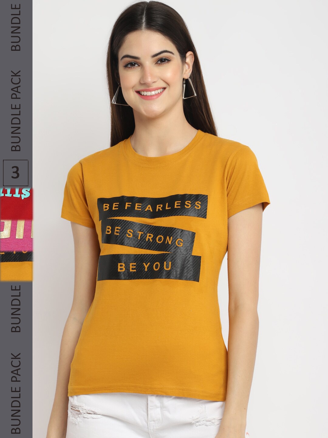Fabflee Pack Of 3 Typography Printed Regular Fit Cotton T-shirt, Mustard