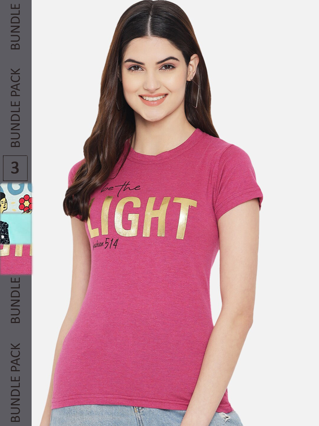 

Fabflee Pack Of 3 Typography Printed Cotton T-shirt, Magenta