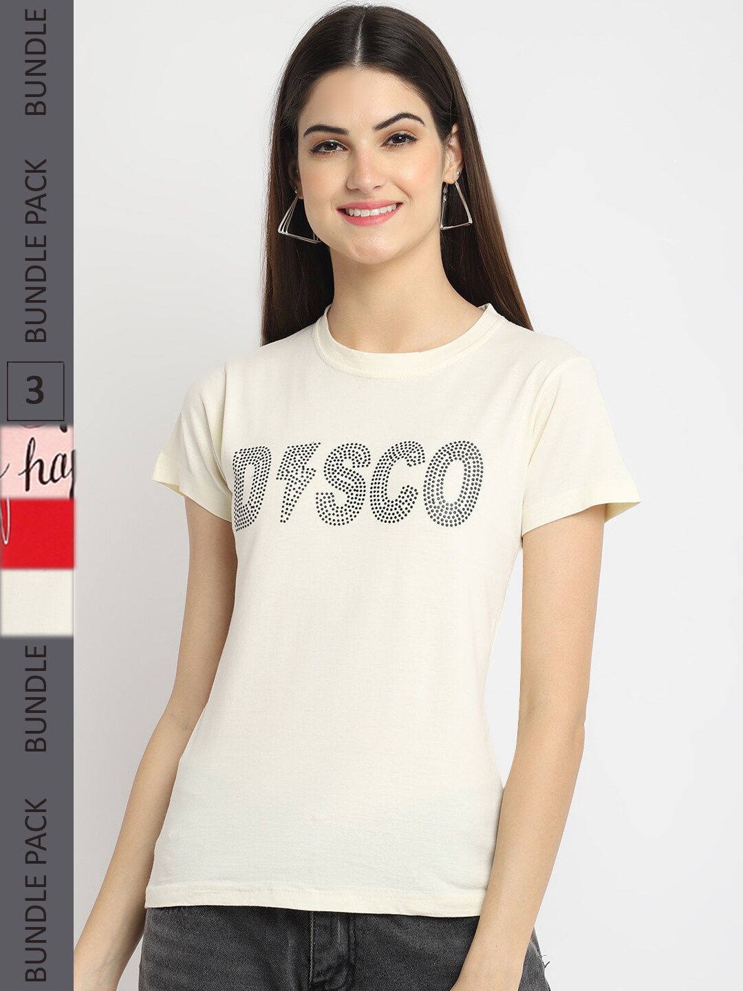

Fabflee Pack of 3 Typography Printed Cotton T-shirts, Beige