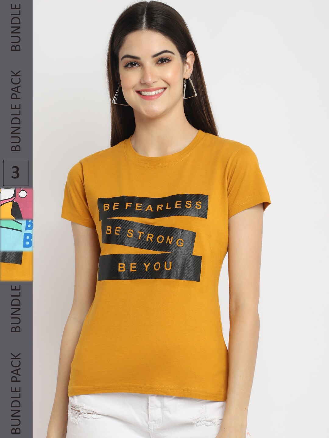 

Fabflee Pack Of 3 Typography Printed Regular Fit Cotton Casual T-shirt, Yellow
