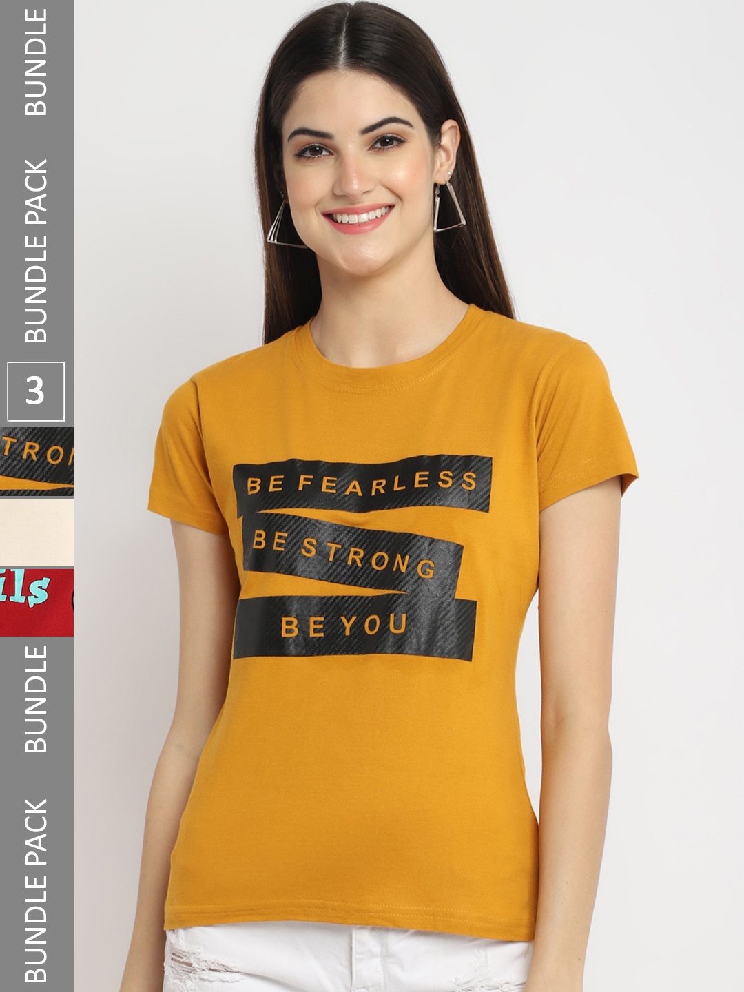 

Fabflee Pack Of 3 Typography Printed Cotton T-shirts, Mustard