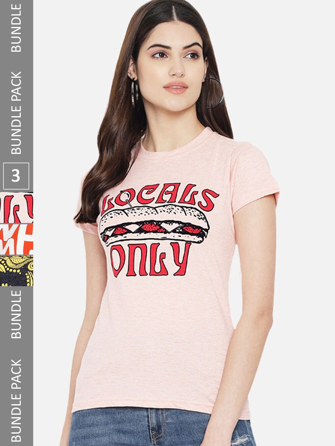 

Fabflee Pack Of 3 Typography Printed Cotton Casual T-shirt, Pink