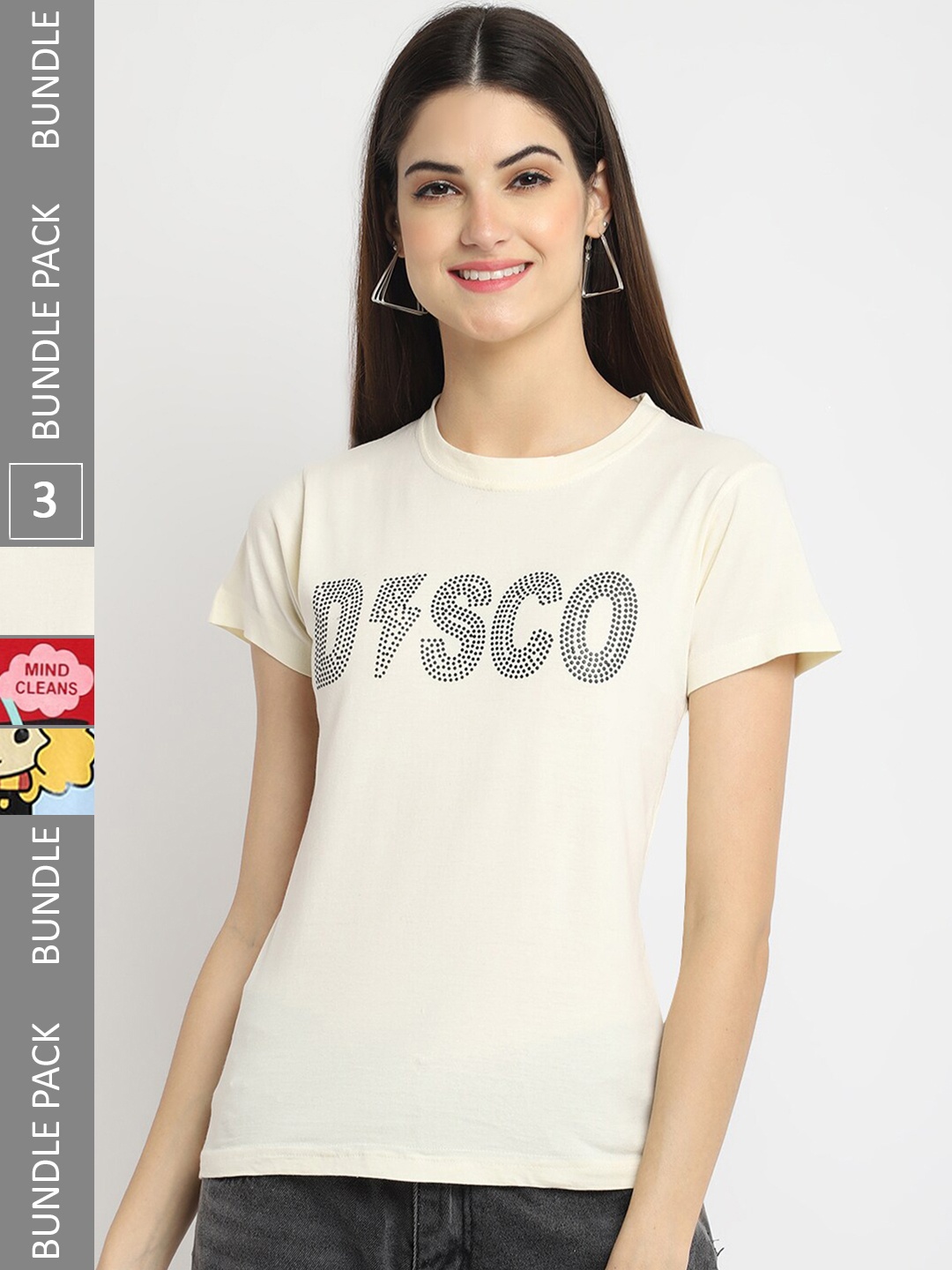 

Fabflee Pack Of 3 Graphic Printed Cotton T-shirts, Off white