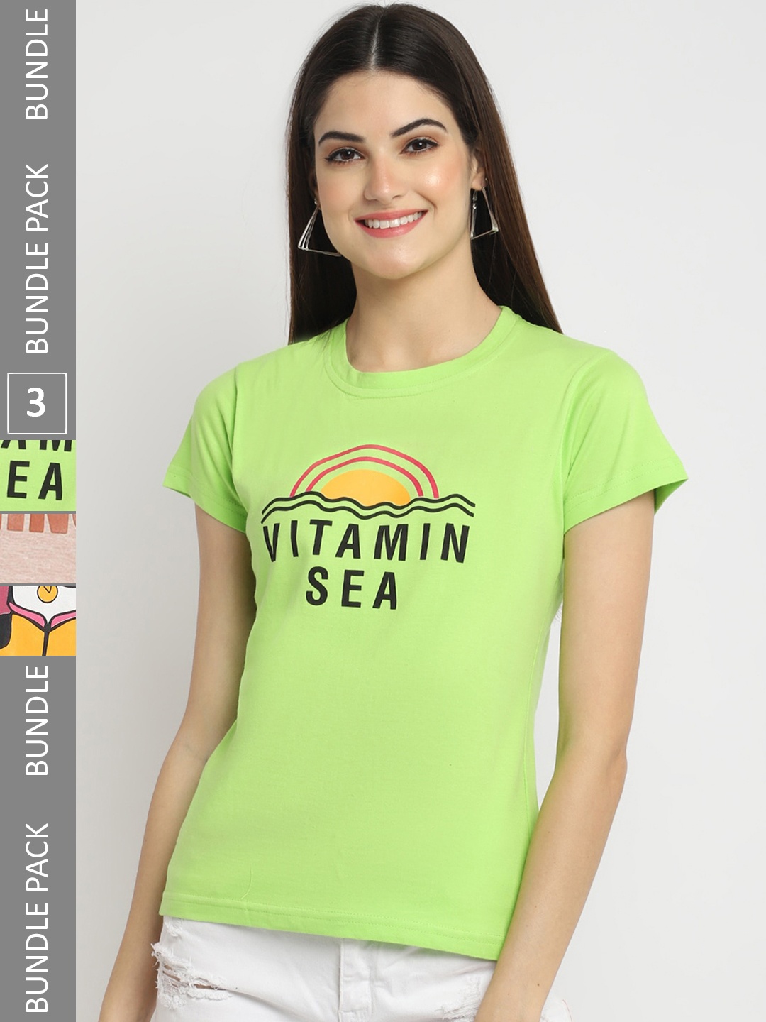 Fabflee Pack Of 3 Typography Printed Cotton T-shirt, Green