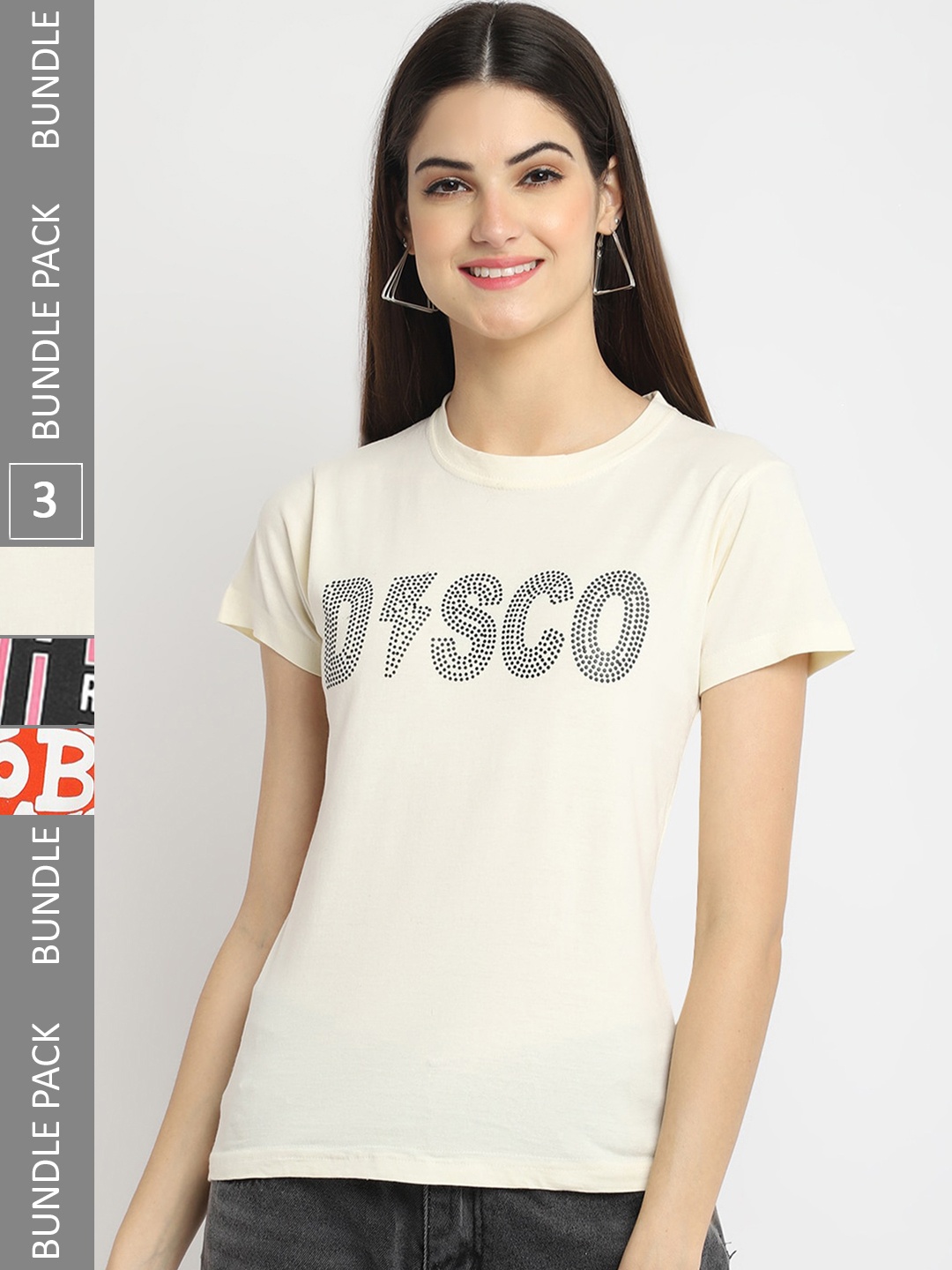 Fabflee Pack Of 3 Typography Printed Cotton T-Shirts, Cream