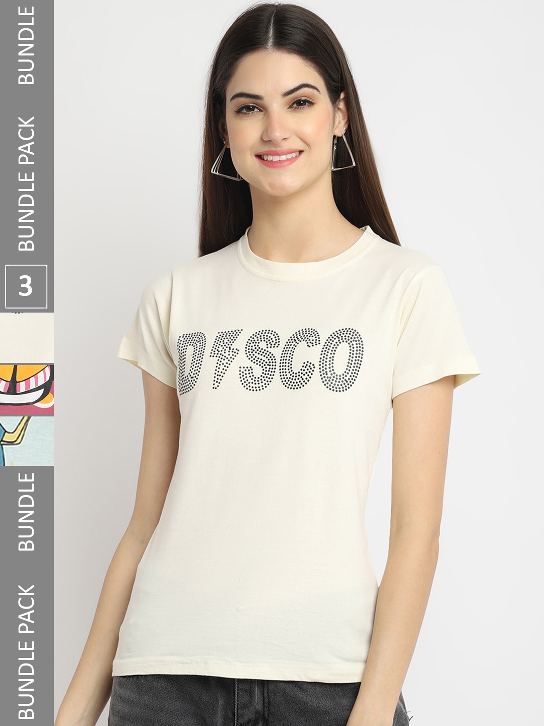 

Fabflee Pack Of 3 Printed Cotton T-shirts, Off white
