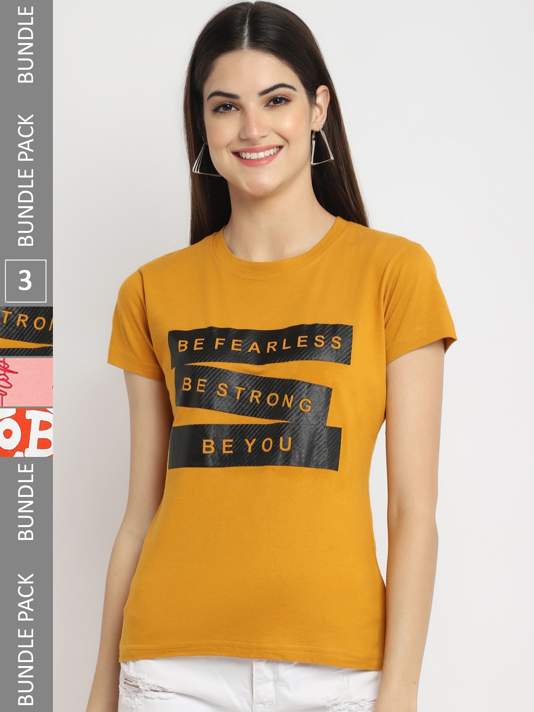 

Fabflee Pack Of 3 Typography Printed Cotton T-shirts, Mustard