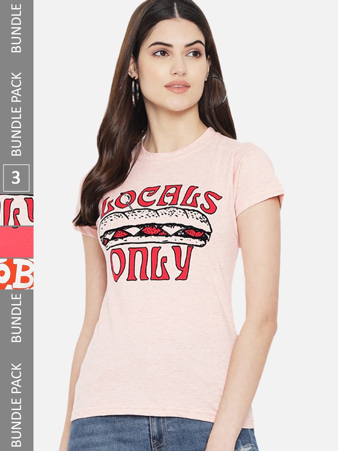 Fabflee Pack of 3 Typography Printed Cotton T-shirt, Pink