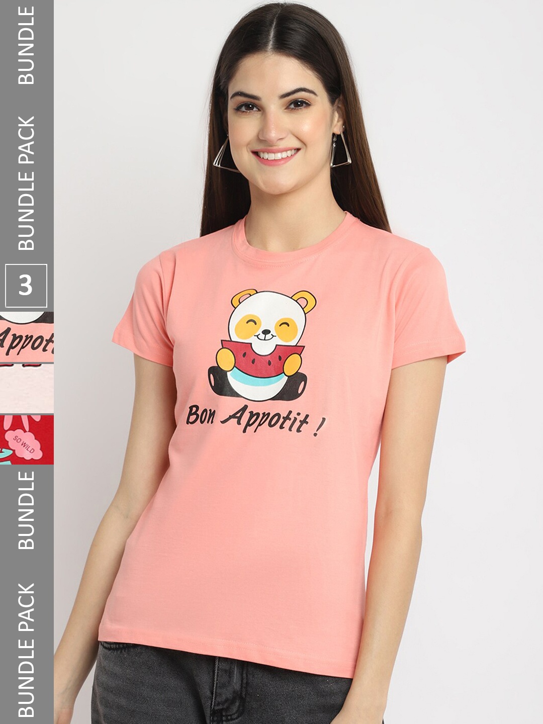 Fabflee Pack Of 3 Printed Round Neck Cotton T-shirts, Peach