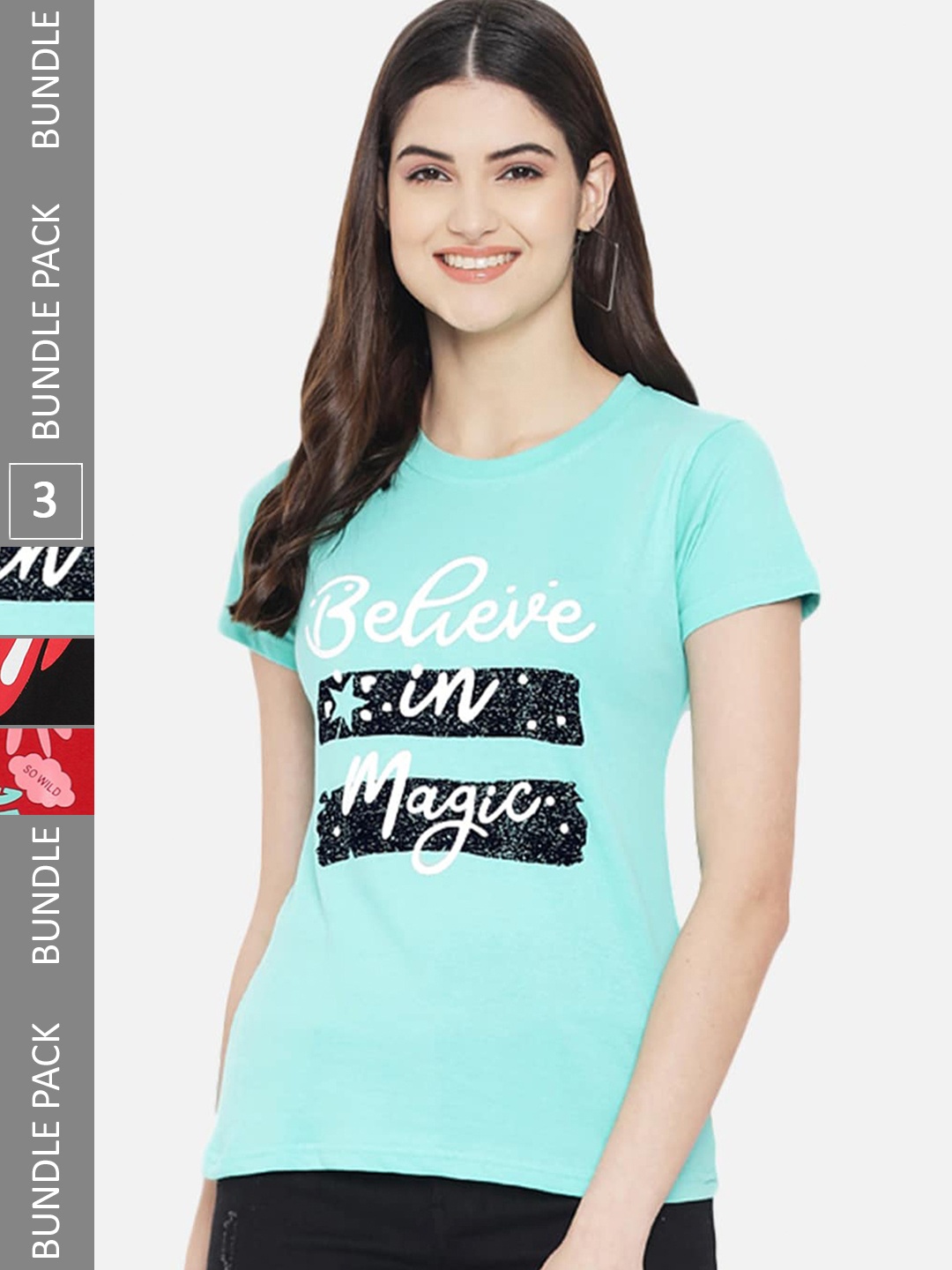 Fabflee Pack Of 3 Printed Cotton T-shirt, Blue