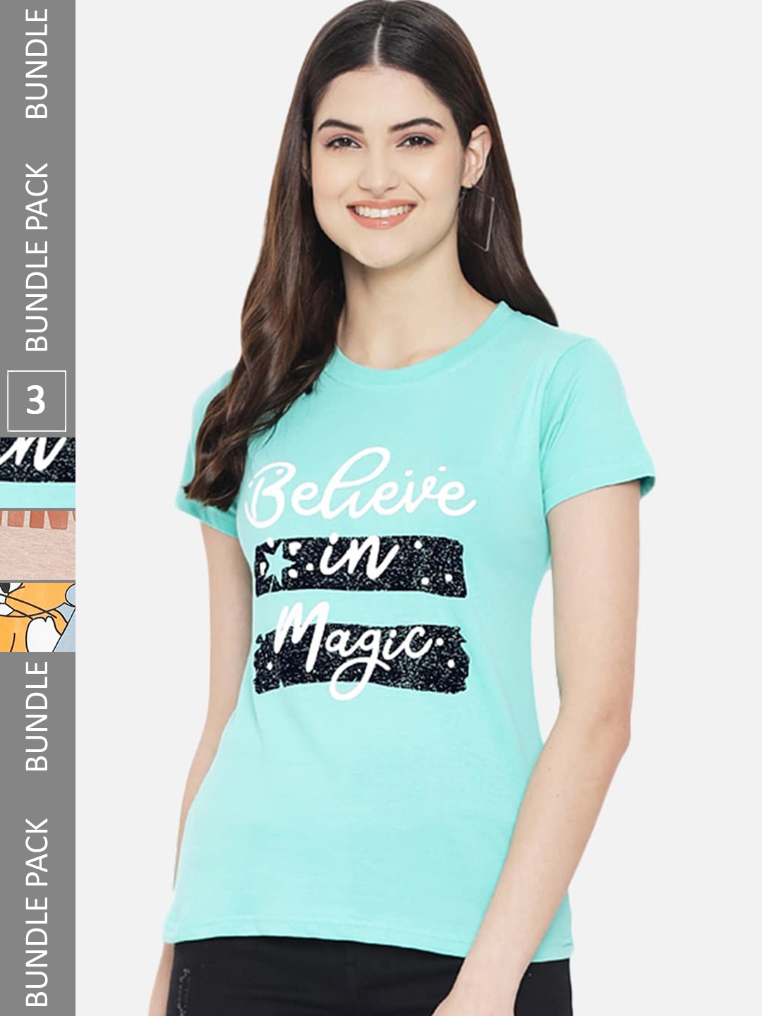 Fabflee Pack Of 3 Typography Printed Cotton T-shirt, Turquoise blue