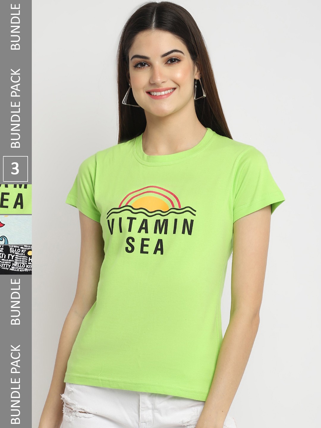 

Fabflee Pack Of 3 Typography Printed Round Neck Casual Knitted Cotton T-shirts, Lime green