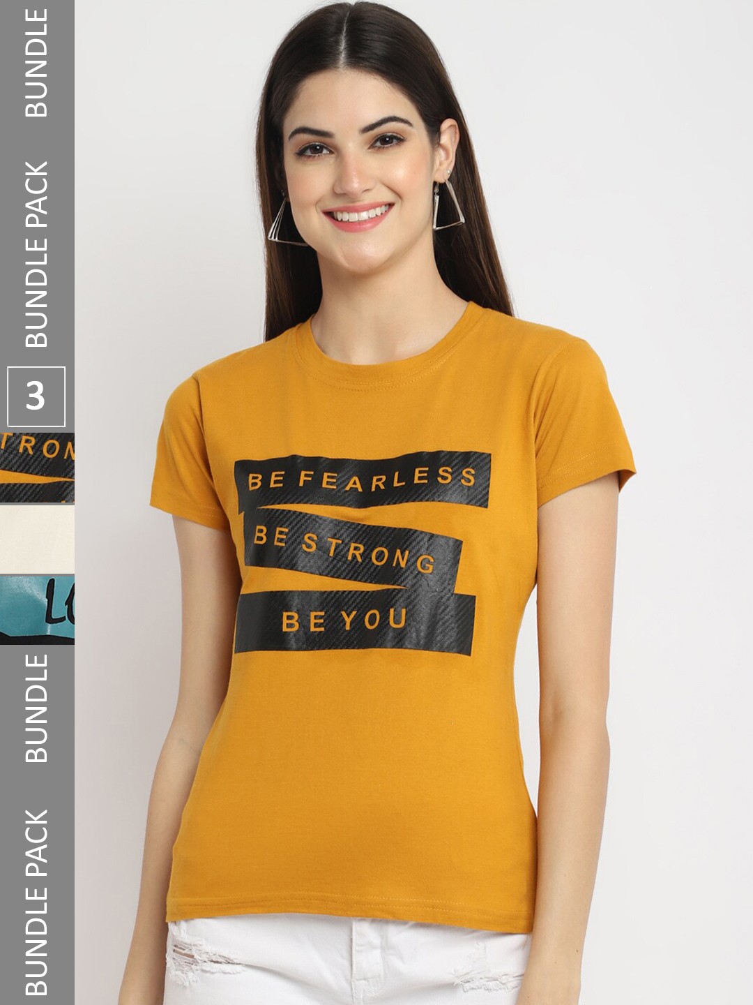 

Fabflee Pack Of 3 Typography Printed Cotton T-shirt, Mustard