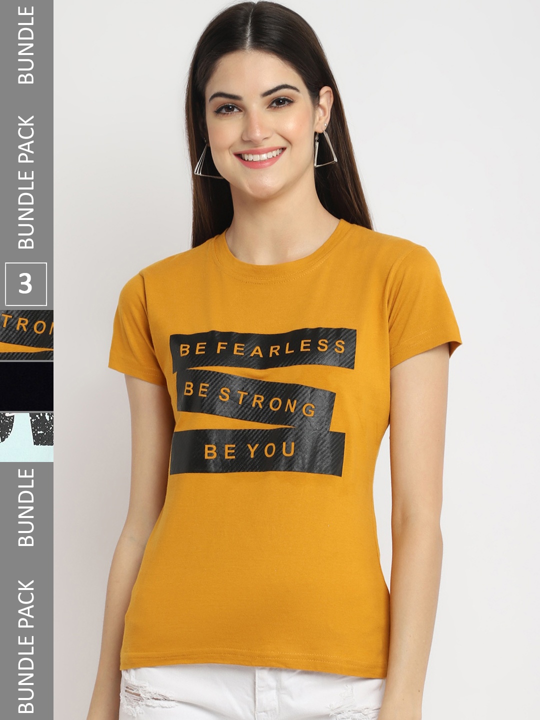 

Fabflee Pack Of 3 Typography Printed Cotton Casual T-shirt, Mustard