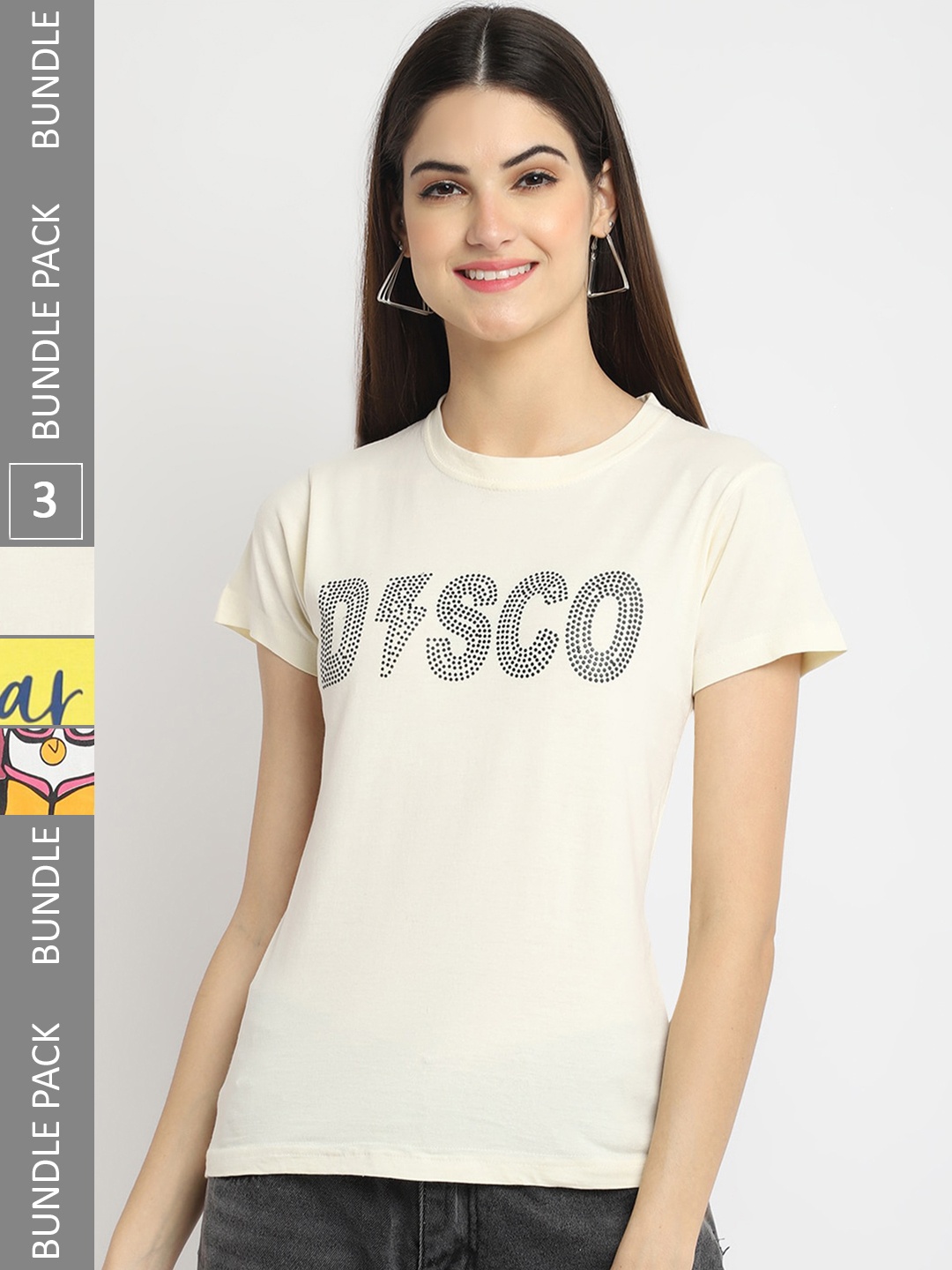 

Fabflee Pack Of 3 Typography Printed Regular Fit Cotton Casual T-shirt, Cream
