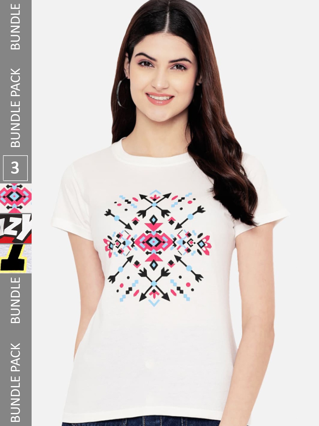 

Fabflee Regular Fit Pack Of 3 Printed Round Neck Cotton T-shirt, White