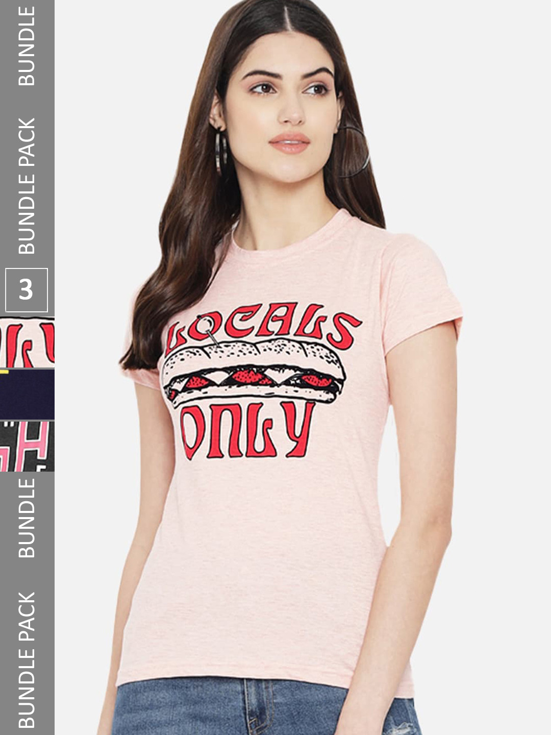 

Fabflee Pack Of 3 Printed Round Neck Cotton T-shirts, Pink