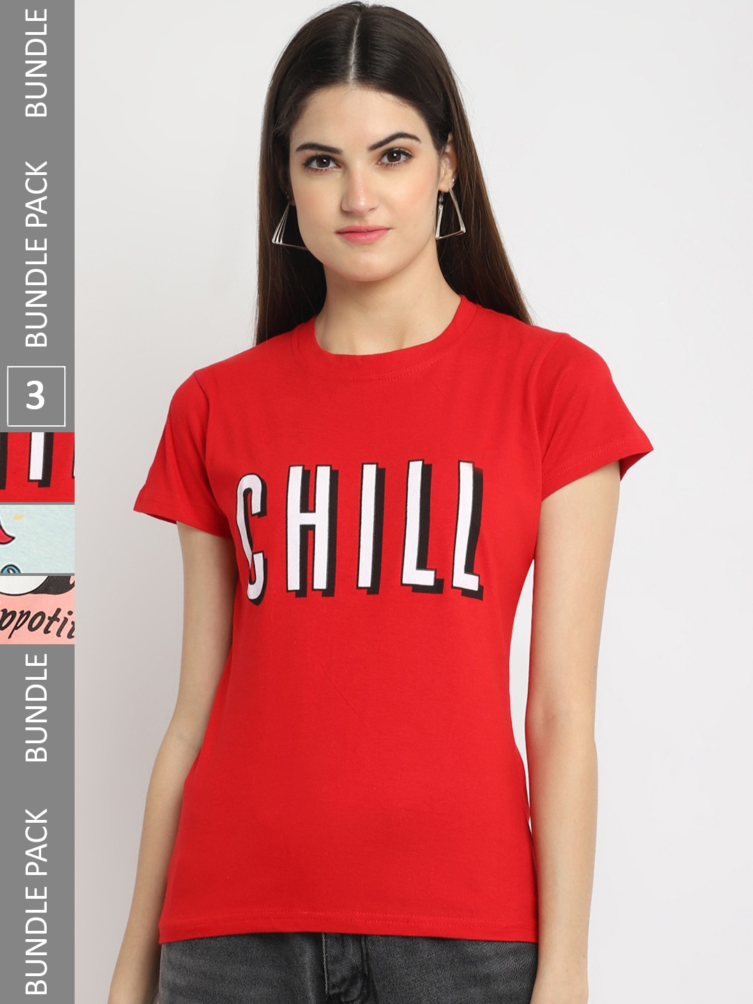 

Fabflee Pack Of 3 Typography Printed Cotton T-Shirt, Red