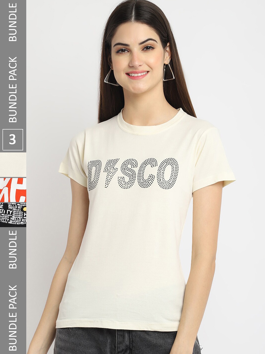 

Fabflee Pack Of 3 Typography Printed Regular Fit Cotton Casual T-shirt, Cream