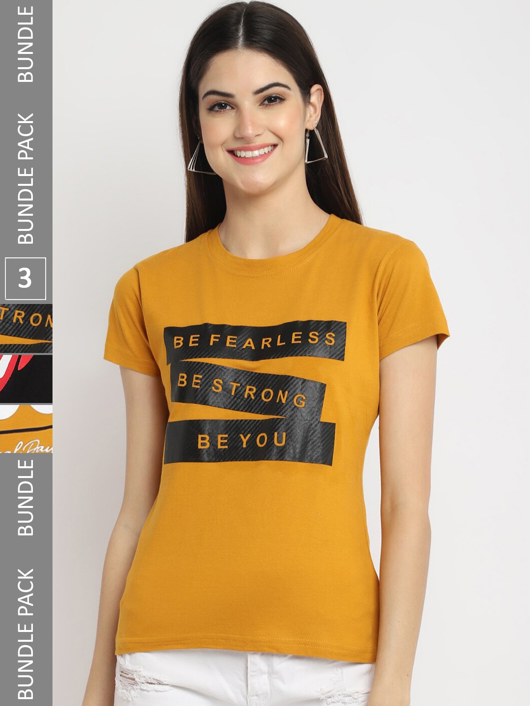 

Fabflee Pack Of 3 Typography Printed Cotton T-shirt, Mustard