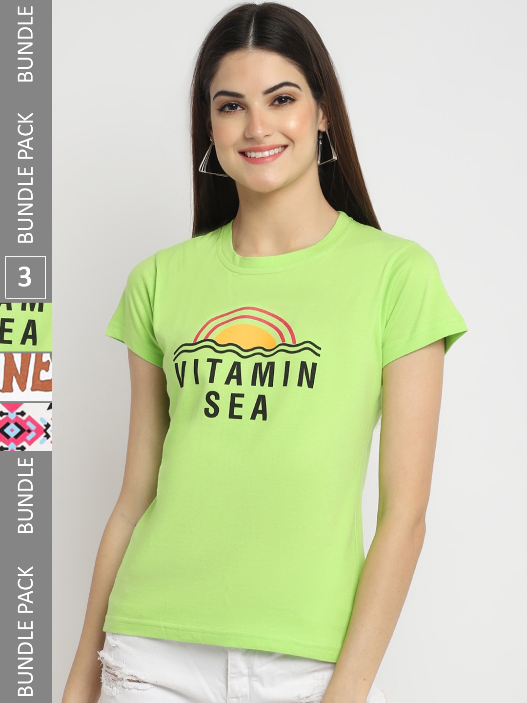 

Fabflee Pack Of 3 Typography Printed Cotton T-shirt, Green
