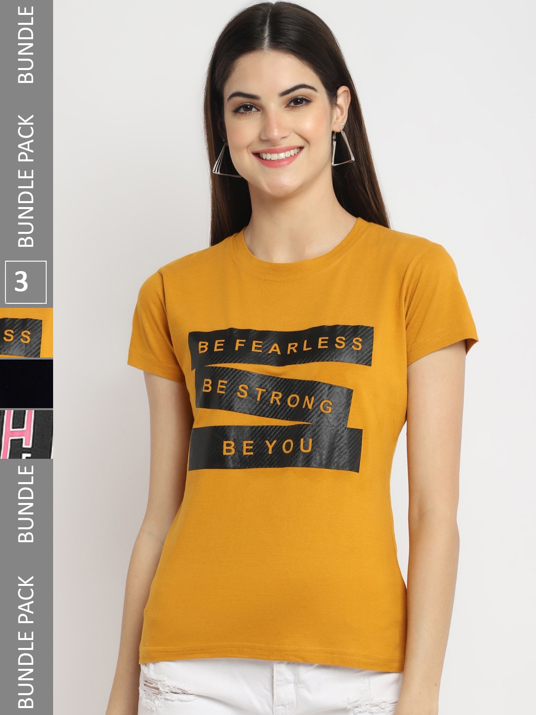 

Fabflee Pack of 3 Printed Cotton T-shirt, Mustard