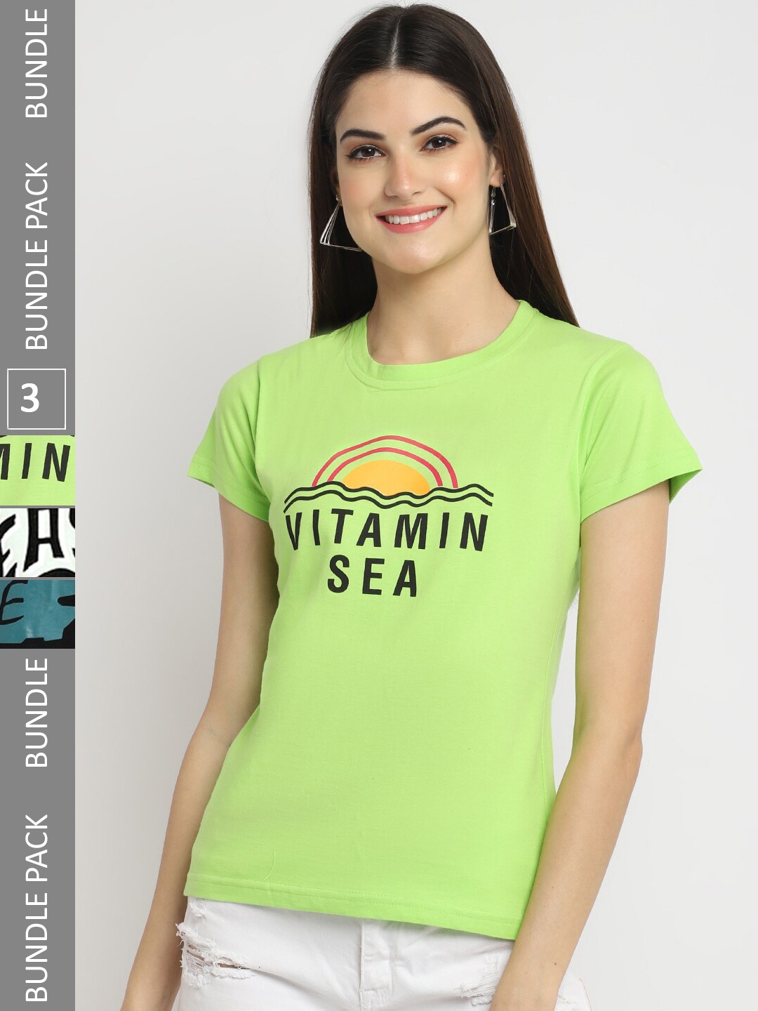 Fabflee Pack Of 3 Printed Cotton Knitted T-Shirt, Fluorescent green
