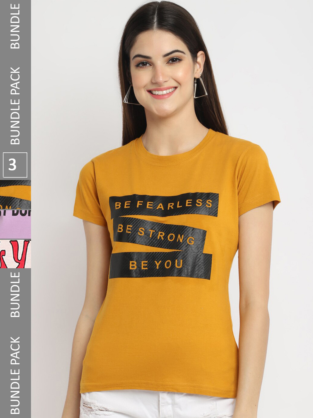 

Fabflee Pack Of 3 Typography Printed Cotton T-shirts, Mustard