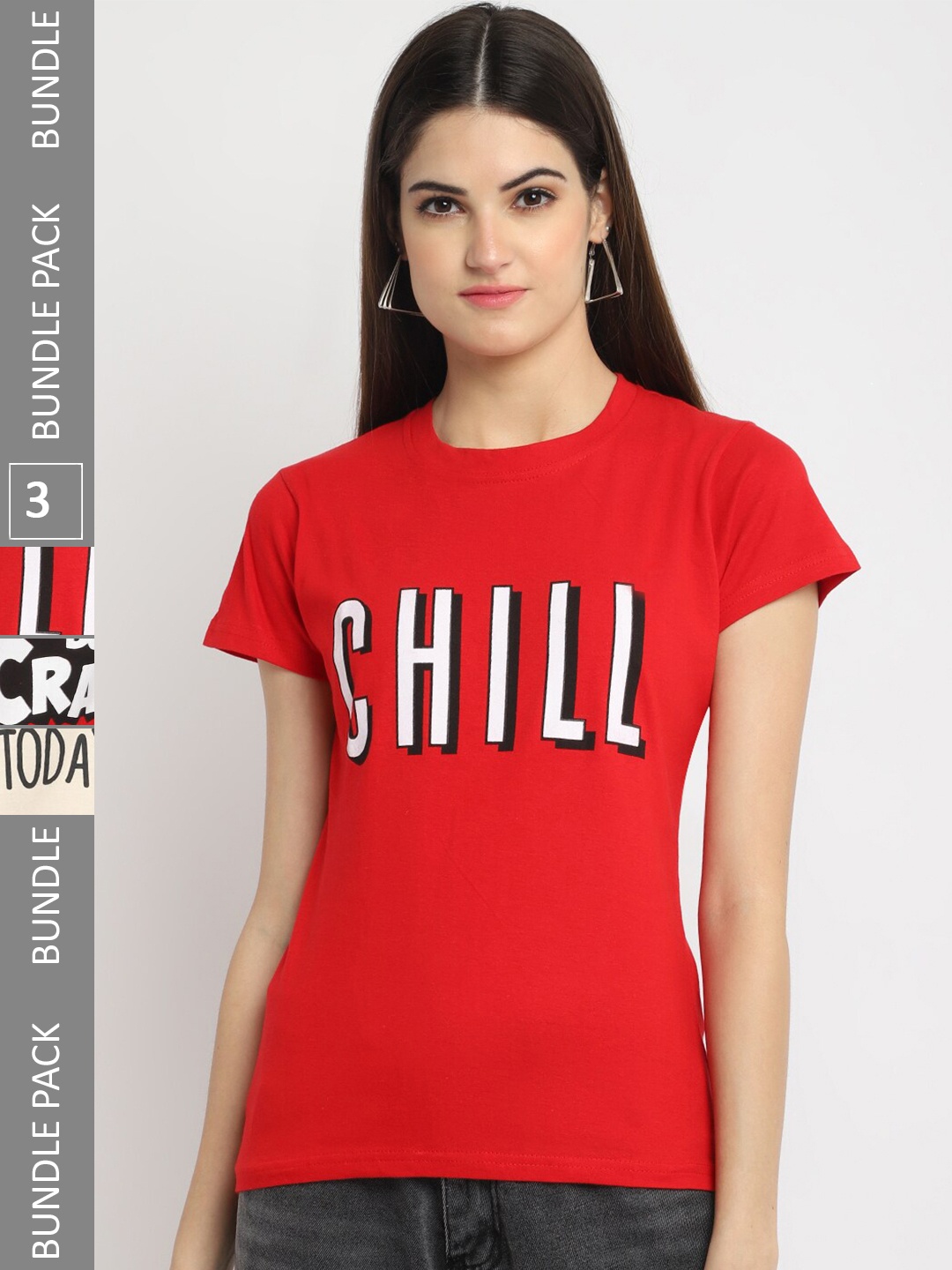 Fabflee Pack Of 3 Typography Printed Cotton T-shirt, Red
