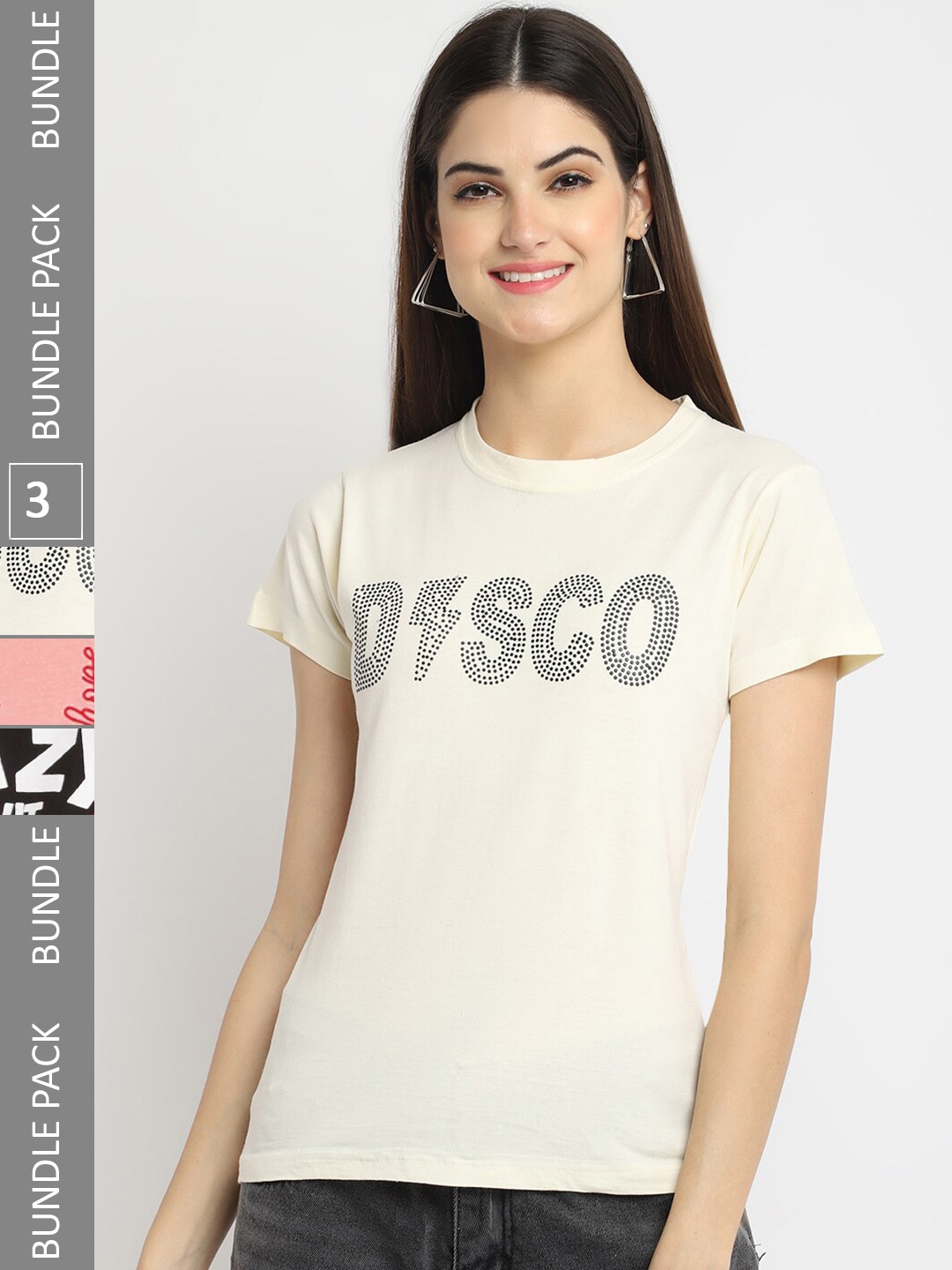 

Fabflee Pack of 3 Printed Cotton T-shirt, Cream