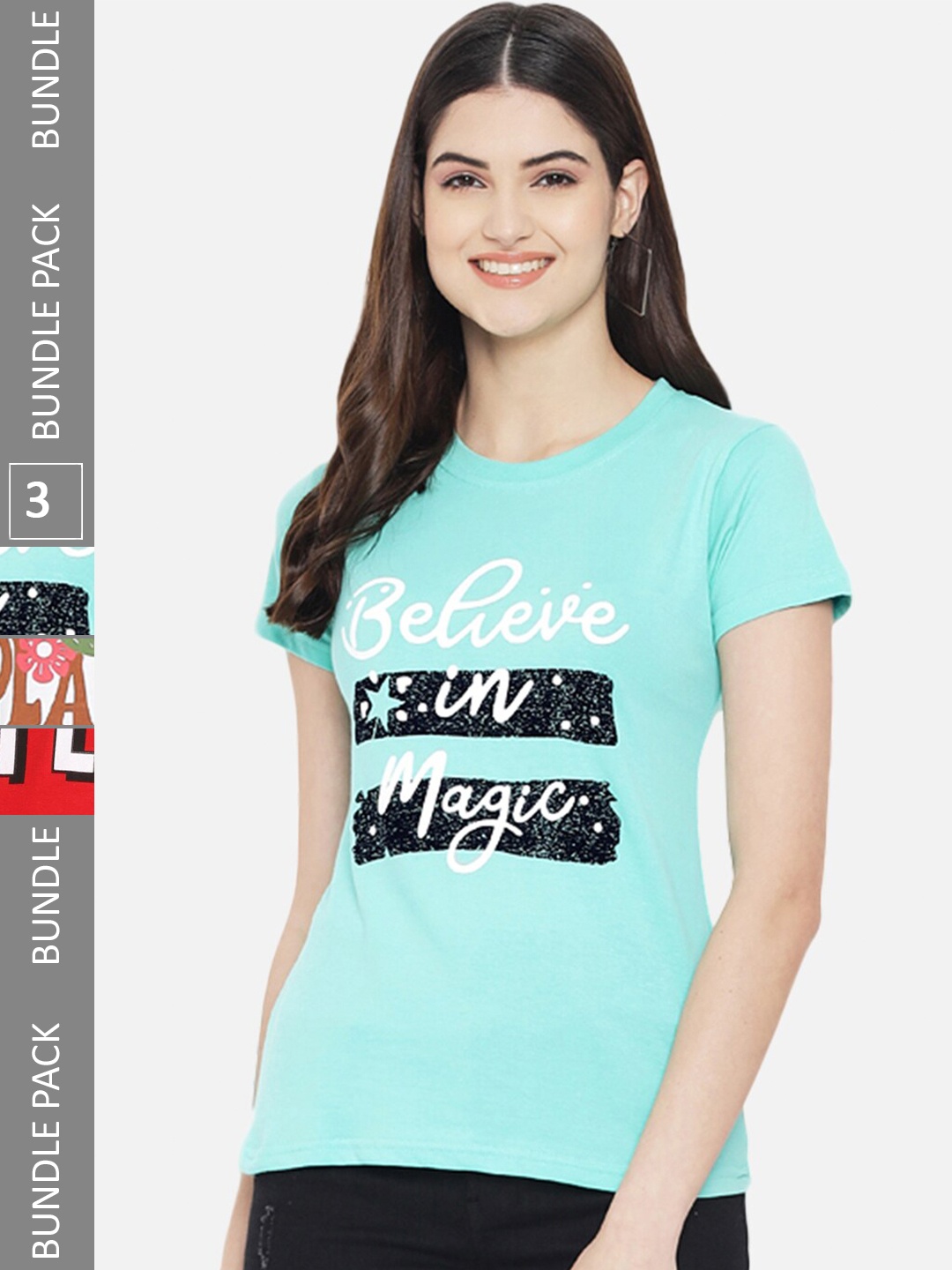 Fabflee Pack Of 3 Typography Printed Regular Fit Cotton Casual T-shirt, Blue